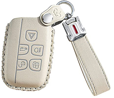 ontto Leather Car Key Fob Cover Keyring for Land Rover Defender Discovery Evoque LR4 Range Rover Sport Jaguar 5-Button accessories Key Case keychain Remote key Shell key Holder Protector (Beige,A)