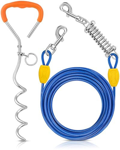 Petbobi Dog Tie-Out Cable and Stake - 20ft(6m) Heavy Duty Cable with Spring, No Tangle, 16in Ground Stake, Ideal for Yard, Camping and Beach, Suitable for Small Medium Large Dogs Up to 120 lbs, Blue