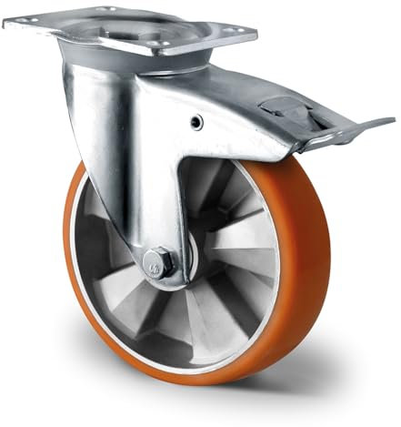 Abrollwerk Roulette pivotante fortes charges avec frein, jante aluminium, polyuréthane, diamètre 200 mm, double roulement à billes, charge dynamique 700 kg (roulette pivotante avec frein)