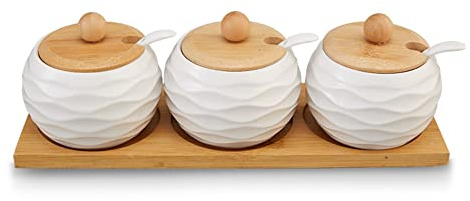 SEIWEI Juego de recipientes de cerámica para especias, tarro de especias de cerámica con cucharas y tapas de bambú, contenedor de condimentos para té, café, sal y pimienta