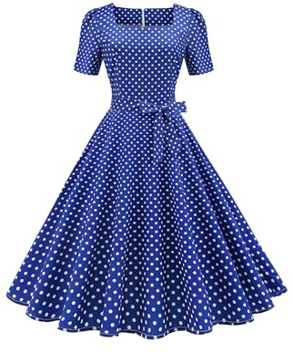 YMING Women's Elegant Audrey Hepburn Dress Polka Dot Tea Party Dresses Tea Party Vintage Dress Blue L