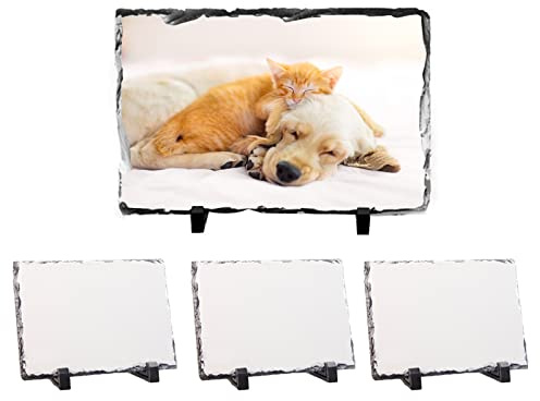 Merkaunis 4 Pack Sublimation Blank Slate Rock, 7.5 x 5.5 Inch Blanks Heat Thermal Transfer Sheet Stone Photo Frame, Rectangular Custom Stone Slate with Display Stand