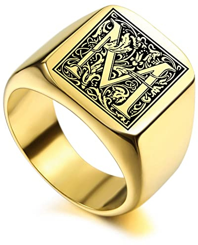 INBLUE Benutzerdefinierte gravierte Initiale Monogram Signet Ring für Männer Frauen Jungen Herren Ringe Edelstahl, Bündel mit Ringgrößeneinstellern