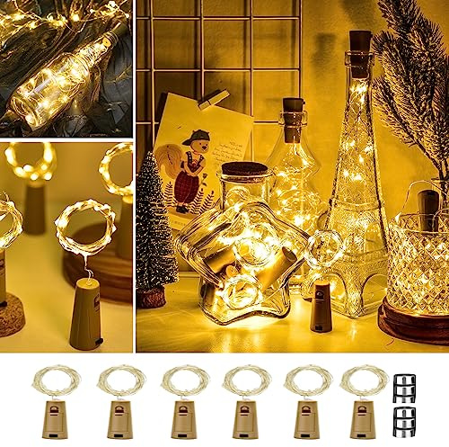 ooklee 6 Pack Bottle Lights with Cork, 2M 20 LEDs, Warm White, Waterproof | Copper Wire Wine Bottle Lights Battery Operated Suitable for Party, Xmas, Birthday, Table, Jars, DIY Decor, Indoor/Outdoor