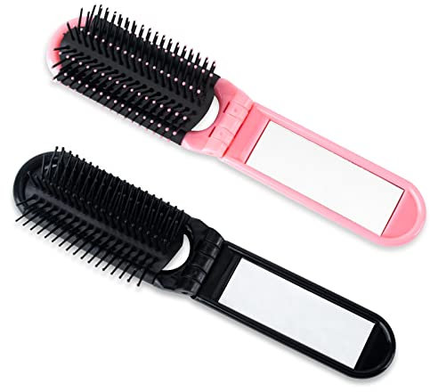 AYNKH Lot de 2 peignes pliables avec miroir, brosse à cheveux antistatique, taille compacte, brosse à cheveux portable pour cheveux bouclés, fins, longs, courts et humides
