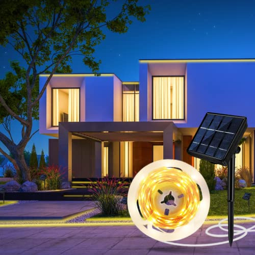 Aitesuo Solar LED Strip 5m, Warmweiß 2700K Solarbetriebene LED Streifen Außen mit Fernbedienung, 320 LEDs, Dimmbar, 8 Modi, Schneidbar, IP65 Wasserdicht, Selbstklebend für Garten, Terrasse, Balkon