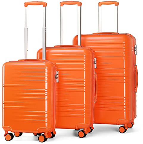 British Traveller 3Pcs Suitcase Set Carry On Hand Cabin Luggage Medium Size Hard Shell Checked in Suitcase with 4 Spinner Wheels TSA Lock 20 24 28 Travel Trolley Case(3 Pcs Set, Orange)