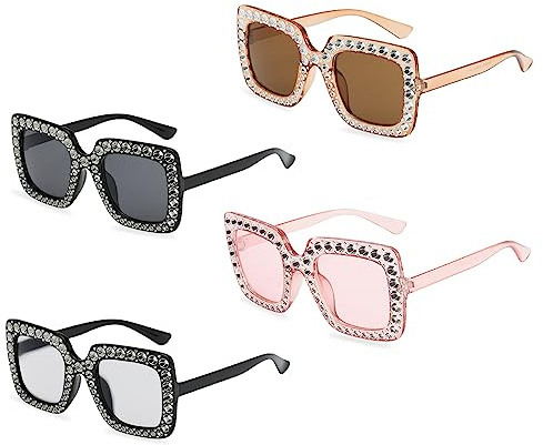 TSHAOUN 4 Paar übergroße Strass-Sonnenbrillen, quadratische Gläser, übergroße quadratische Sonnenbrille, Unisex, Kristall-Strasssteine, dicker Rahmen, Sonnenbrille, Kleiderzubehör