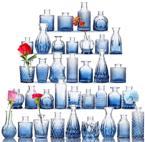 Fixwal - Set di 36 vasi in vetro blu, piccoli vasi per fiori, vasi per boccioli per centrotavola, mini vasi da fiori sfusi, per decorazioni rustiche di nozze, look vintage, decorazione da tavolo per