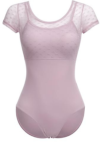 FYMNSI Damen Ballettanzug Ballettbody Sport Yoga Tanz Body Gymnastikanzug Trikot Kurzarm Bodysuit Mesh Einteiler Turnanzug Leotards Overall Oberteile Tops Elegant Ballett Bekleidung Violett L