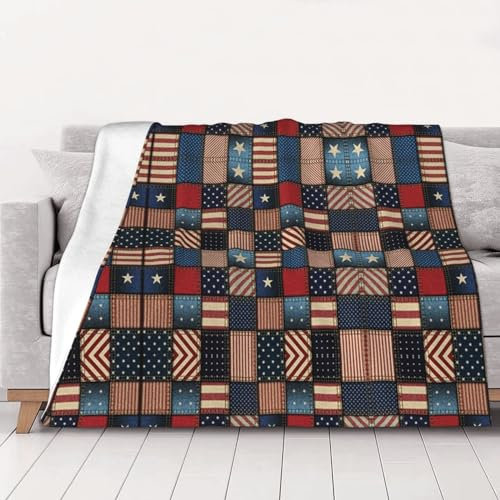 HAHAFU Personalisierte Decke mit amerikanischer Flagge, Patchwork-Druck, weicher Flanell, warm, große Überwurfdecke für Bett, Sofa, 200 x 150 cm