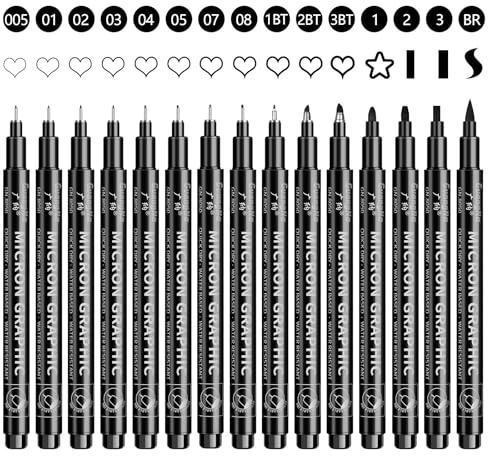 OFFCUP Fineliner Stifte Set, 15 Stück Schwarz Filzstiften | Pigment Liner Tuschestifte mit 15 Linienbreiten, Stifte für Künstler Stifte feiner Spitze zum Illustrationen, Schreiben