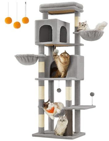 Feandrea Kratzbaum, 175 cm hoch, XL, mehrstöckiger Katzenbaum mit 2 Höhlen, 2 Liegemulden, 5 Kratzsäulen, Katzenbürste, große Plattform, Taubengrau PCT182G01