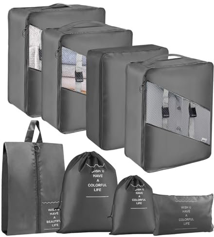 MOFELON Koffer Organizer - 8 Stück, Packing Cubes, Packwürfel für Rucksack, Travel Organizer Packtaschen Set mit Kleidertaschen Schuhbeutel Wäschebeute Kosmetiktasche, Reise Gadgets-Schwarz