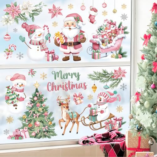 decalmile Fensterbilder Weihnachten Rosa Weihnachtsmann Fensteraufkleber | Statische Anti-Kollision Fensterdeko, Beidseitiger Druck, auf Beiden Seiten klar Sichtbar, Wasserdicht, Abnehmbar
