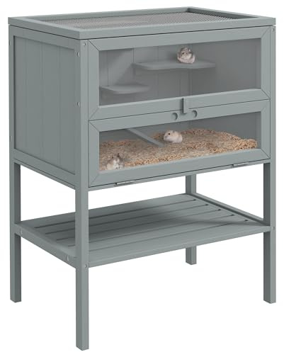 PawHut Wooden Hamster Cage w/Storage Shelf, Openable Top for Gerbils, Grey