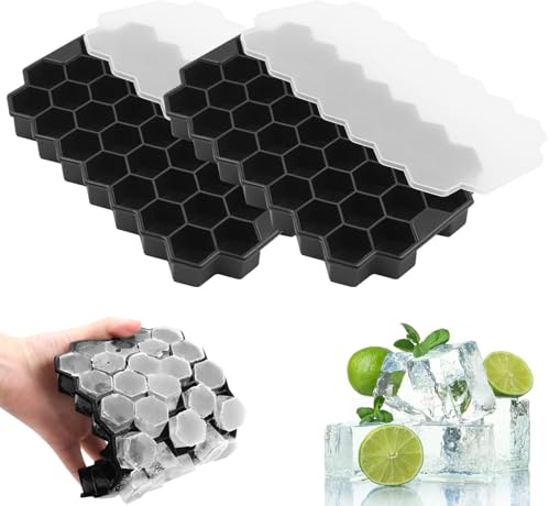 2 Pcs Ice Cube Trays with Lids 37 Cubicle Food Grade Ice Freezer Silicone | Ice Cube Maker to Frozen Drinks for Home Bar (Black)