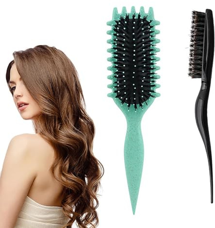 Curl Defining Hair Brush Set With Massage Bounce Comb for Wet and Wavy Detangling, Green+Black