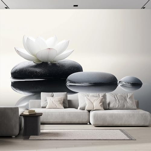 Fotomural Loto Blanco Fotomurales Pared, 250×175 cm Papel Pintado 3D, Flores Sobre Piedras Zen Moderna Decoración De Pared Sala Cuarto Oficina Salón