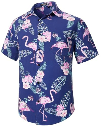 Enlision Hawaiiskjorta herr kortärmad blommig skjortor sommar Hawaii tryck strand semester semester med ficka S-4XL, Blå flamingo, M
