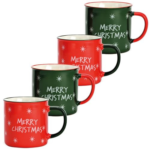 Jumbo 4er Set Weihnachtsbecher Steingut 540 ml Kaffeetassen in Rot Grün - Kaffeetassen mit 'Merry Christmas' Spruch als Weihnachtsdeko - Große Tassen Ø 10 x 13 cm ideal für Kaffee, Tee oder Glühwein