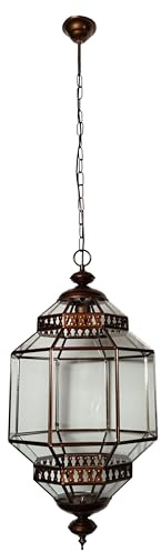 Lámpara Colgante Marroquí, Farol Granadino de Vidrio y Metal, Estilo Oriental, Color Bronce (Transparente, 40x23 cm)