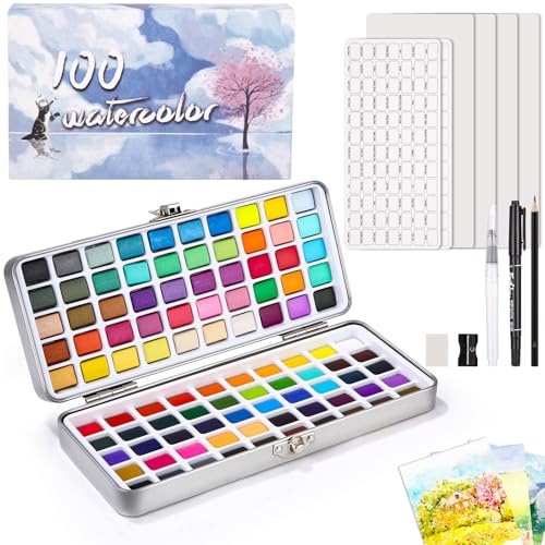 Azyvum Set di 100 dipinti ad acquerello in scatola portatile con pennello e carta acquerello