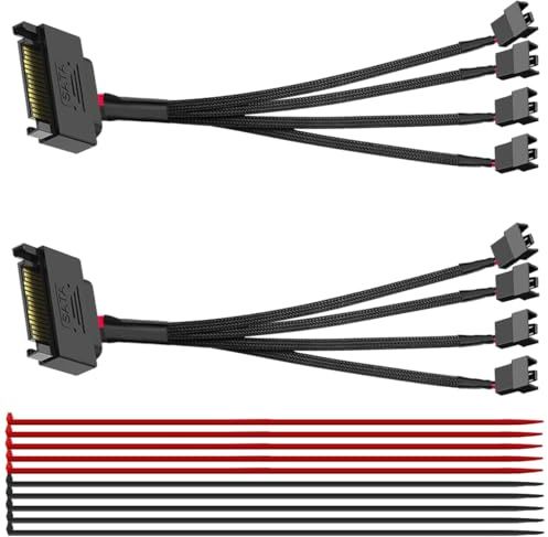 MKBKLLJY 2PCS 15-Pin SATA to 4 PC Fan Power Adapter Cable 10.6inch/27cm 15pin SATA to 4 x 3 pin / 4 Pin PC Case Cooling Fan Splitter Extension Power Cable Adapter Black Sleeved Braided with Cable Tie