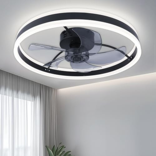 Oraymin Deckenlampe mit Ventilator, Reversible LED Deckenventilator mit Fernbedienung und APP Steuerbar, 3000K - 6000K Modern LED Lampe mit Ventilator für Schlafzimmer Wohnzimmer, Schwarz|50CM