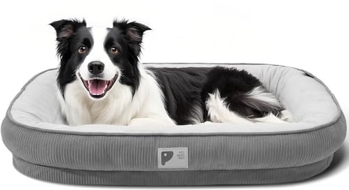 Orthopädisches Hundebett für große Hunde Schlafsofa mit Eierkiste, Schaumstoff, Hundecouch Bett mit Vierseitiger Nackenrolle, abnehmbarem Bezug & rutschfester Unterseite, Grau XXL