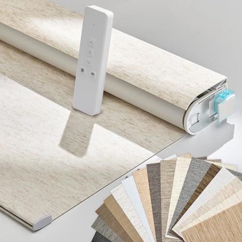 Persilux Smart Motorized Blinds with Remote, No Drill Automatic Roller Shades for Indoor Windows, Blackout Linen Fabric, Electric Blinds for Windows, Linen Cream C156BO-1, Custom Size