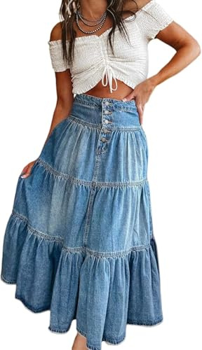 LLECDASEUI Jupes Longues en Jean pour Femmes Taille Haute Bouton-Fly plissé à Volants Maxi Jupe en Jean été fluides Jupes à Plusieurs Niveaux a-Line (Bleu,TG)