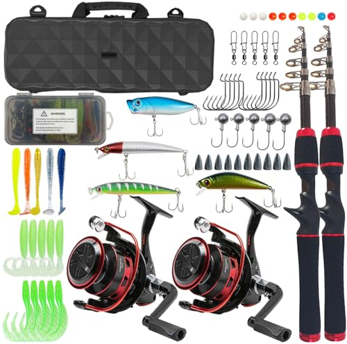 L PATTERN Angelrute und Angelrolle Set, 65PCS Kohlefaser Teleskoprute Angelset, Spinnrollen Angelzubehör Angelköder Set, 2,1 m Angelrute und Spule Komplett Kombi Set
