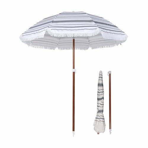 Round Beach Striped Parasol with Fringe, 6ft Boho Garden Umbrella with Push Button Tilt, UV Protection for Patio, Outdoor, Pool, Lawn