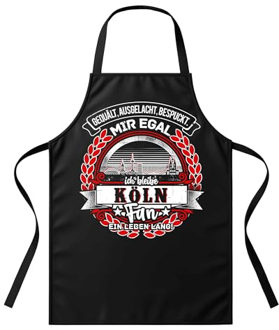 UGLYSHIRT Grillschürze Herren – „Ein Leben lang Köln“ – BBQ Schürze mit Spruch für Männer – Geschenk für Kölner, Karneval-Fans & Grillfreunde – Schwarz, Einheitsgröße, witziges Grillzubehör