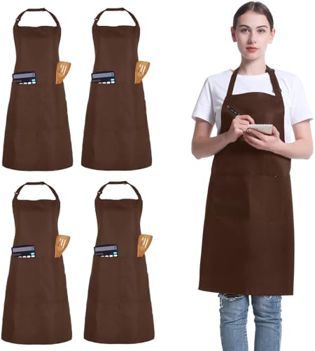 4 Packs Kochschürzen, Unisex verstellbare Schürzen mit 2 Taschen, personalisierte Schürzen für Männer Frauen, professionelle Schürze für Kochen, Gartenarbeit, Küche, Restaurant, Kaffeehaus (Braun)