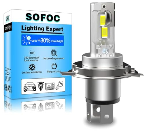 SOFOC H4 Bombilla 9003/HB2 Led 500% Más Brillante Que Las Halógenas Faro Delantero Para Motocicleta/Coche Blanco DC 12V-18V 60W 4000 Lm P43T Diseño De Luz Alta Y Baja 1Pcs
