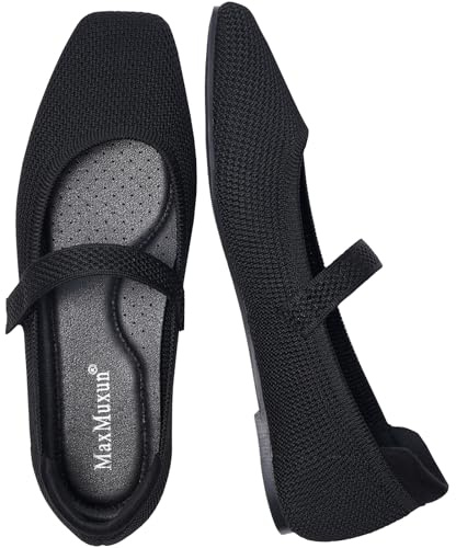 MaxMuxun Women's Ballet Flats Square Toe Mary Jane Shoes Women Arch Support Comfortable Walking Shoes Knit Ballerina Flats for Casual Office Dressy Business Black Size 8