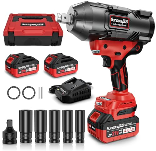 SundpeyPRO Pistola de Impacto Bateria 2100 Nm, 3/4 Llave de Impacto Brushless con 2 * 4000mAh Baterías & 5 Enchufes & Adaptador de 3/4 a 1/2, Destornillador de Impacto para Coche, Camión y Hogar