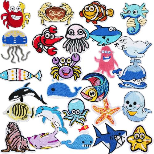 26 Stück Meerestiere Patches zum Aufbügeln Iron on/Sew on Meerestiere Patch Flicken Bügelbilder Bestickte Aufnäher für Aufnähen oder Aufbügeln auf Kleidung Kleid Hut Jeans Rucksäcke Jacken T-Shirt DIY