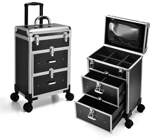 Valise de Maquillage Professionnelle à roulettes 360°, Mallette Manucure Coiffure 2 Tiroirs, Aluminium Renforcé Serrure Sécurité, Noir