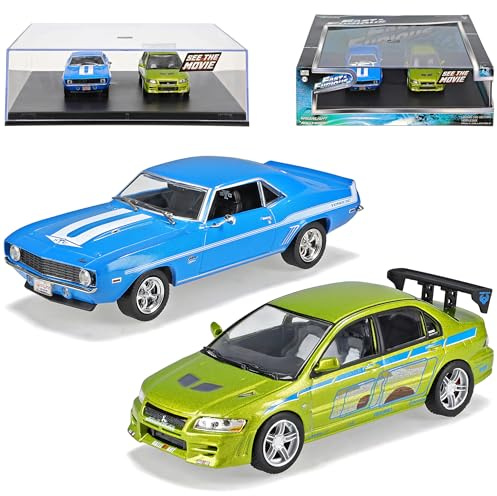 Generisch Sparset Mitsubishi Lancer Evolution Grün VIII und Chevrol. Camaro Yenko Blau Fast Furious 1/43 Greenlight Modell Auto