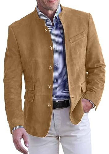 Generisch Chaqueta de traje de pana para hombre, retro, de ante, cuello alto, monocolor, ajustada, para el tiempo libre, chaqueta de traje vintage para hombres, corte regular, chaqueta de lana con