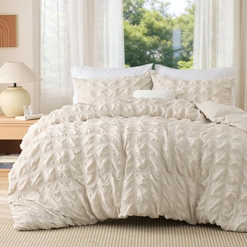 Bedsure Double Duvet Cover Set - Seersucker Bedding, Beige, 200x200 cm | Soft Breathable Puckering Textured Bedding Set with Zipper Closure and 2 Pillowcases for All Seasons