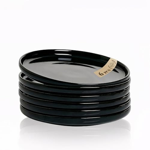keramwerk Glänzende Vorspeiseteller 15cm, Kleine Mini-Dessertteller Set von 6, Schwarz Runde Salatteller, Porzellan-Geschirr für Kuchen, Pasta, Brot, Butter