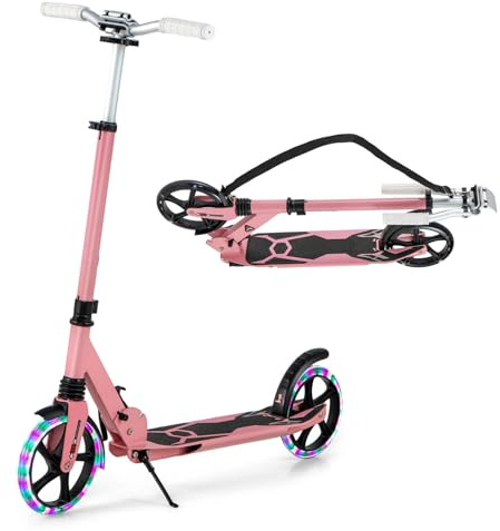 KOMFOTTEU Kinder Scooter mit LED & Bremse, Kinderroller mit 3 verstellbaren Höhen, Cityroller aus Aluminium mit Ständer & Gurt, Belastung 100 kg, Kickscooter für Kinder ab 8 Jahren (Rosa)