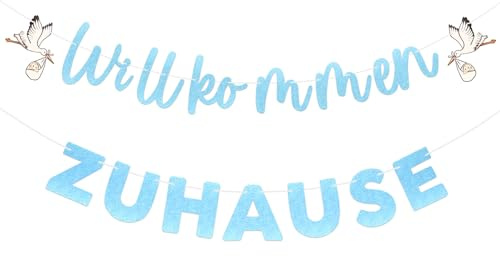 jijAcraft Willkommen Zuhause Girlande Baby Jungen: Fertig Aufgefädelt Blau Glitzer Willkommen Girlande mit Storch, Welcome Home Papiergirlande für Babybesuche, Willkommensfeiern Baby, Fotohintergrund
