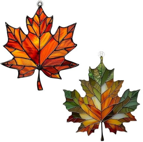 2pcs Ahornblatt-Ornament Aus Gebeiztem,2D Flach Acryl Herbstdeko Fenster Hängend Sonnenfänger,Ahornblatt Buntglas Wirkung Fenster Hängend,Ahornblätter Feiertags-Ornamente für Thanksgiving(Rot Grün)