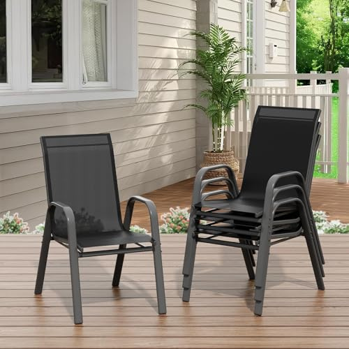 Set di 4 sedie da giardino impilabili per esterni, in tessuto, telaio in metallo, schienale alto, antiruggine, fino a 150 kg, riscaldatore per balcone, terrazza, piscina, bar (93 x 74 x 54 cm, nero)