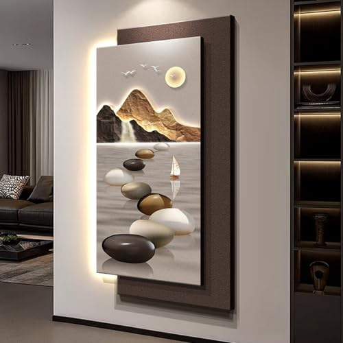 3D-väggkonst i sandsten, dekoration i entrén med sandsten, väggkonst i stenlandskapstema, lyxig skulpturmålning med vertikal dekoration, nätadapter (brun 70x140cm/27,5x55,1'')